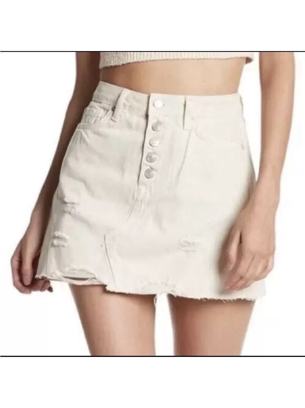We The Free Women's Khaki Denim Mini Skirt Size 30 Casual Distressed Frayed Hem - Picture 2 of 14